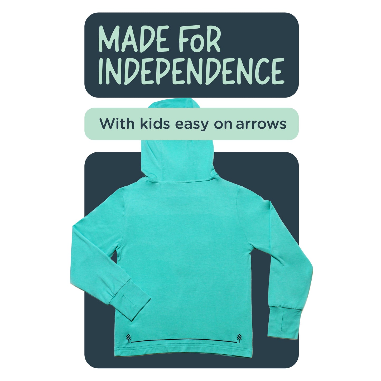 A close-up of the back hem of a ONE Shirt showing the tree-to-tree grip guide, with a child holding the trees to put it on independently.