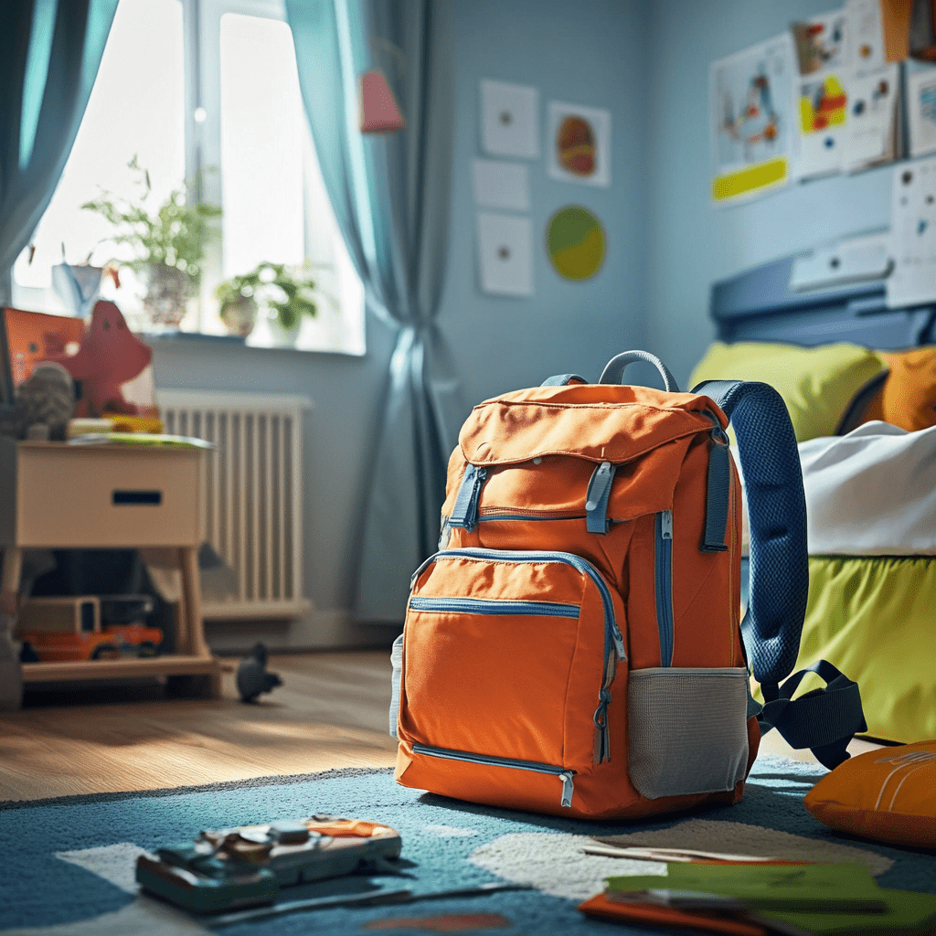 A young child's colorful carry-on bag, packed and ready to go on an adventure