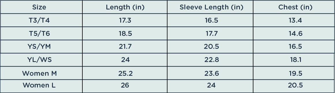 Size chart for the ONE shirt