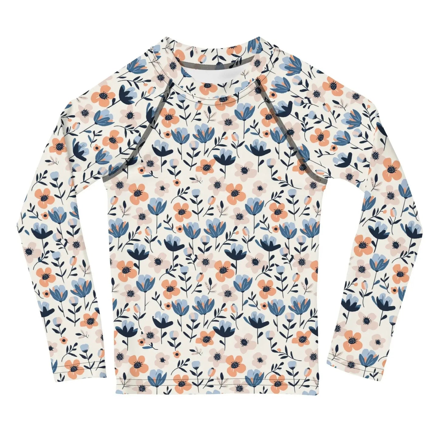 A kids’ rash guard with vibrant pastel flowers, offering UPF 50+ protection and breathable fabric for outdoor play.