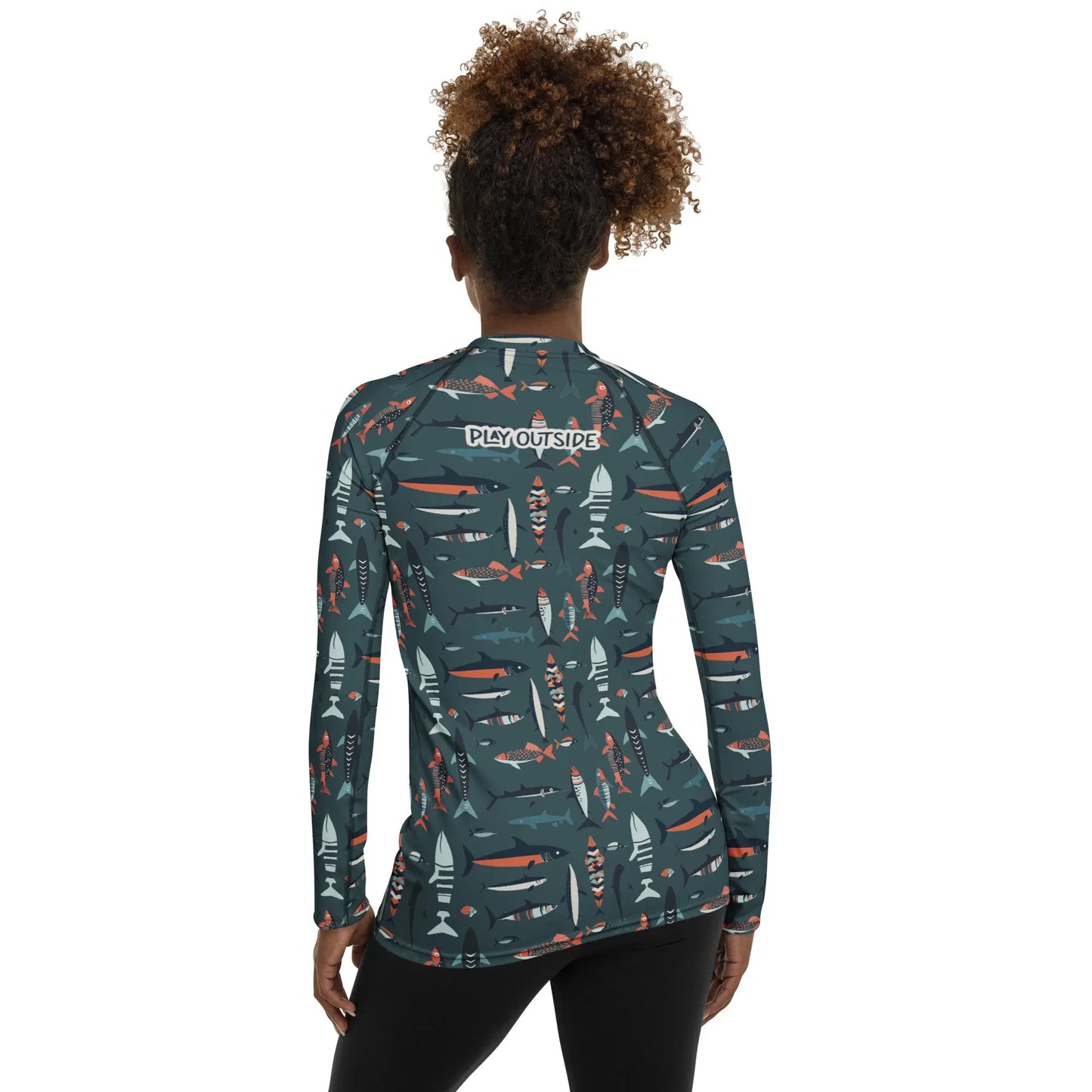 A breathable fish-themed rash guard for women, crafted from eco-friendly fabric for all-day outdoor comfort. Family matching