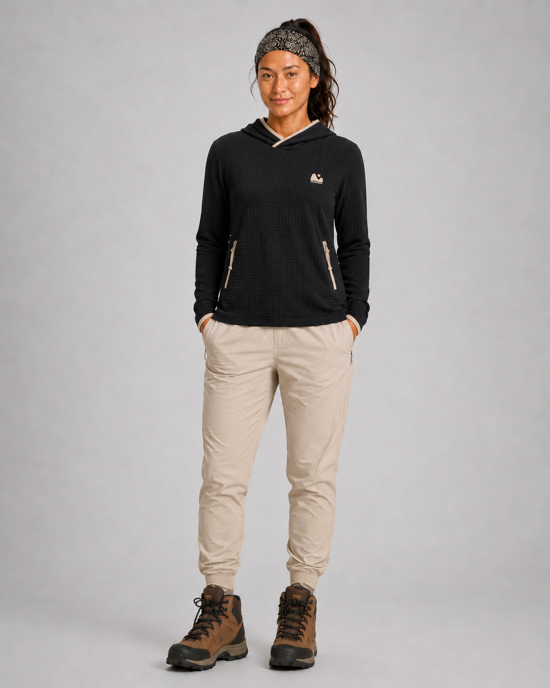 woman wearing black microgrid fleece