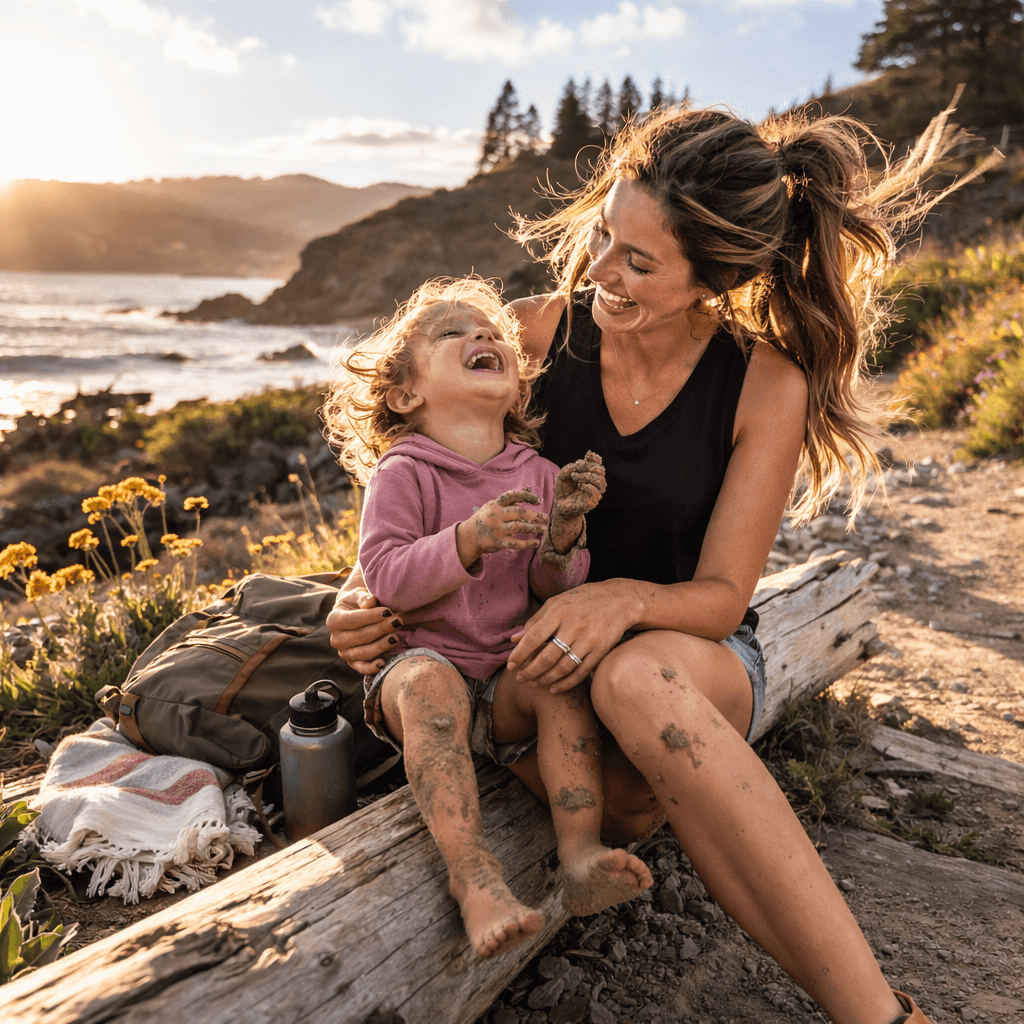 mom and girl muddy from an adventure wearing bamboo shirts