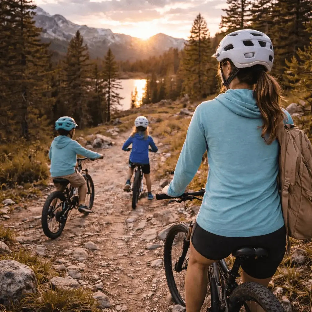 mom and kids adventuring on bikes