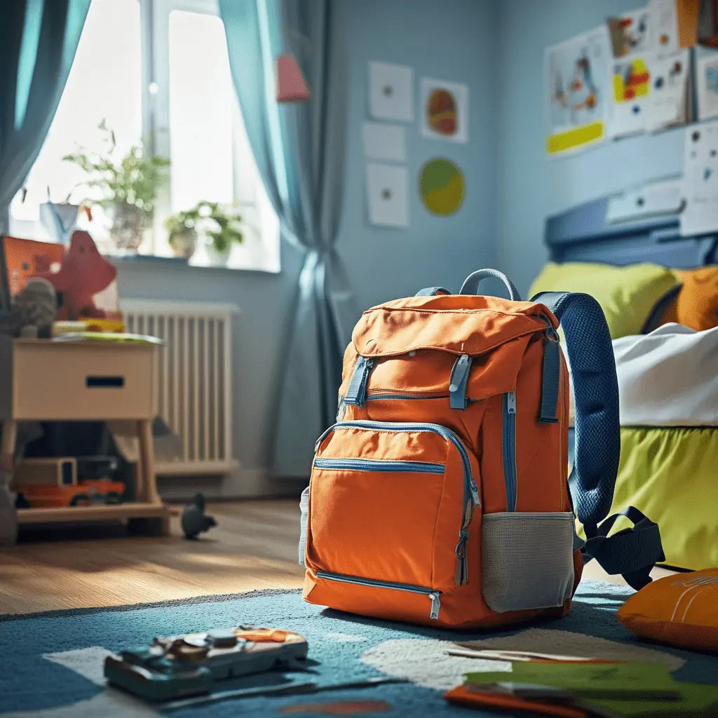 A young child's colorful carry-on bag, packed and ready to go on an adventure