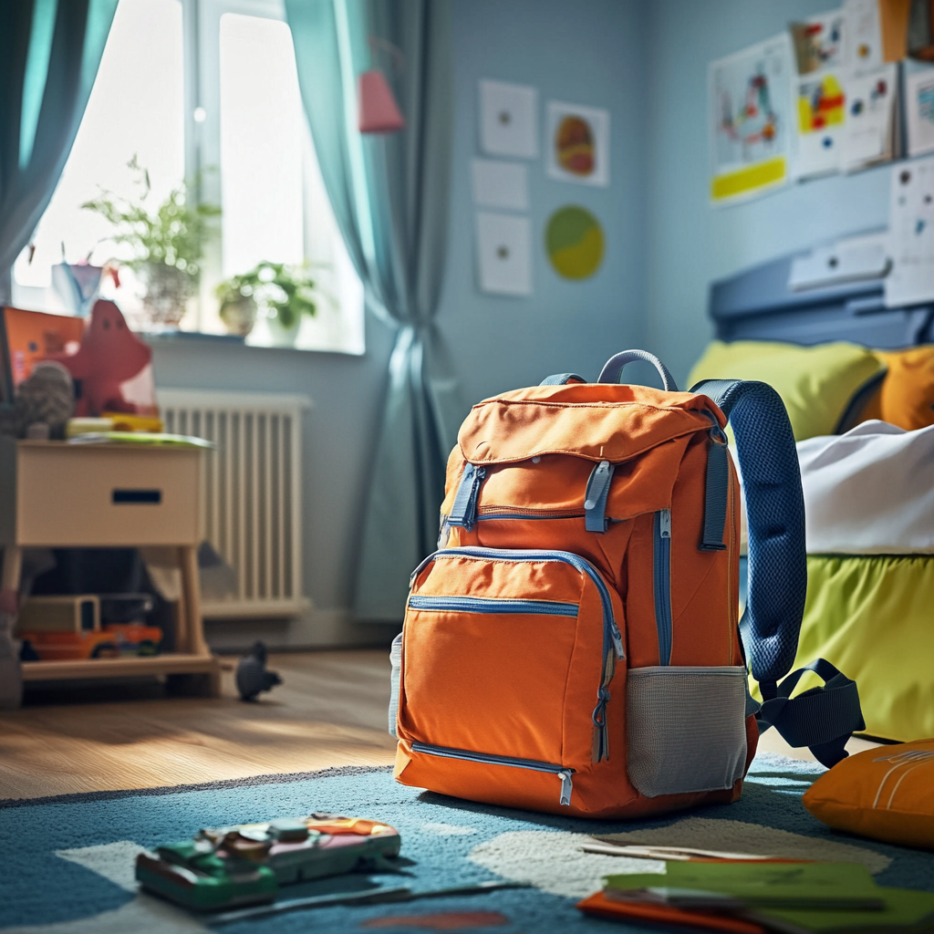 A young child's colorful carry-on bag, packed and ready to go on an adventure
