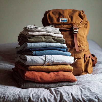 backpack with piles of clothes for travel