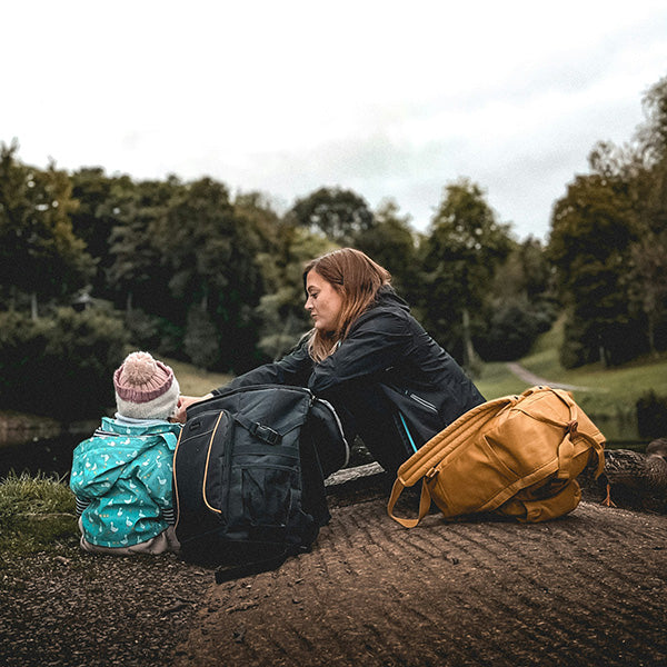 mom an kid backpacking in the outdoors