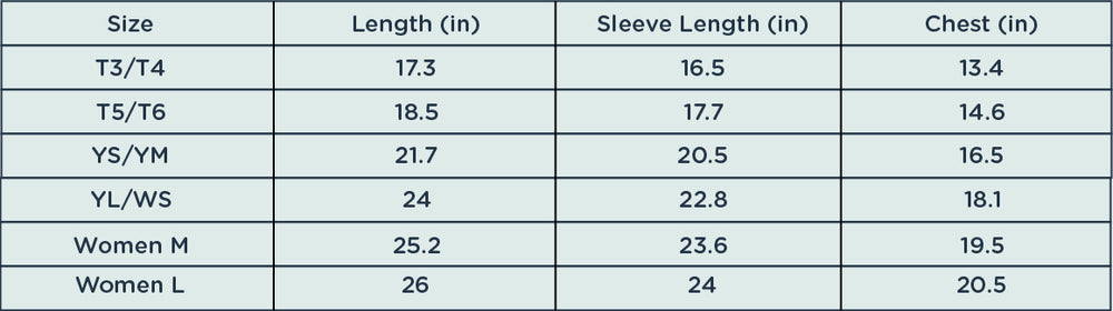 Size chart for the ONE shirt