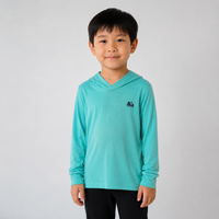Child wearing a turquoise bamboo sun hoodie 