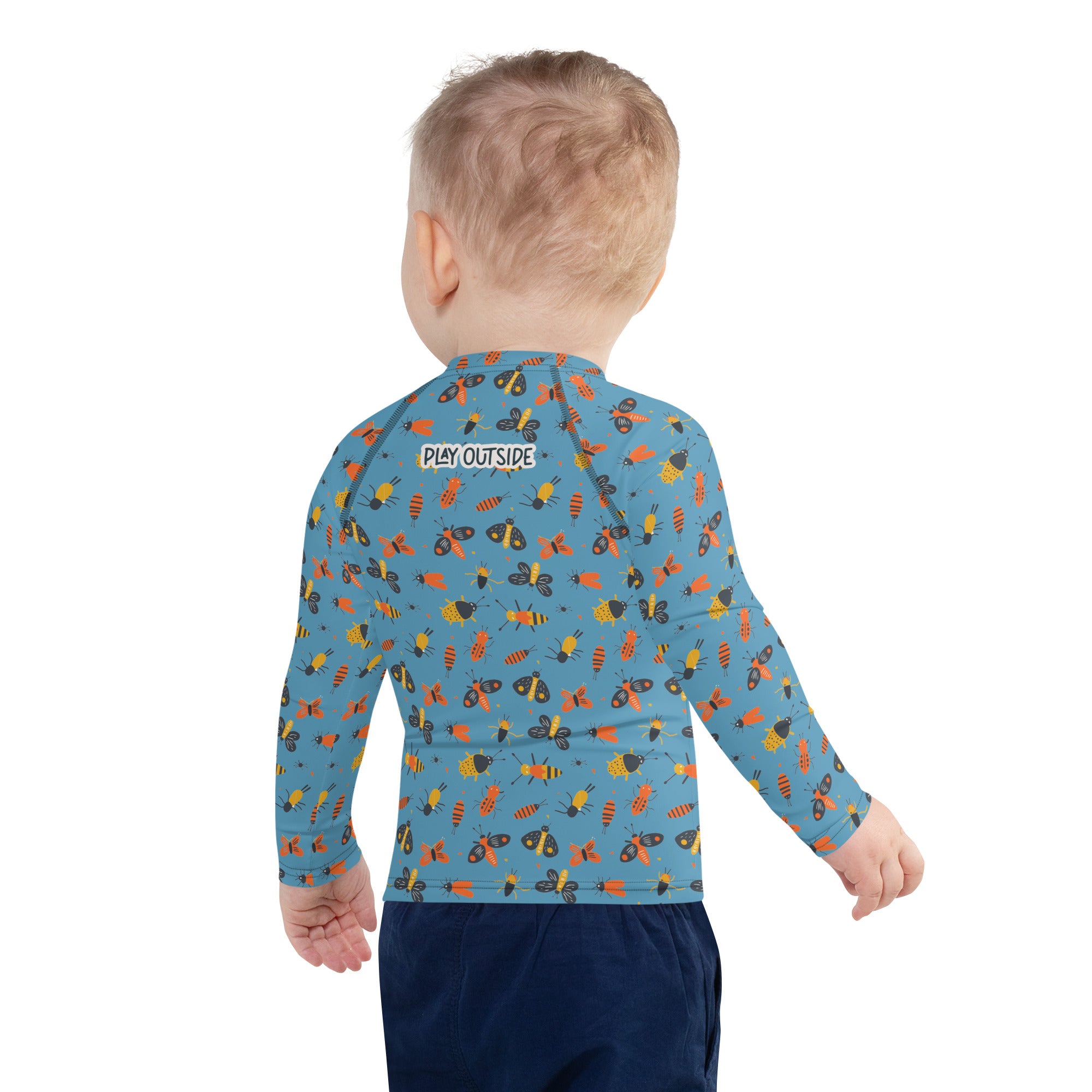 A boy’s rash guard with a fun bug design, showcasing bright, whimsical insects on a sleek fit, shown from the back.