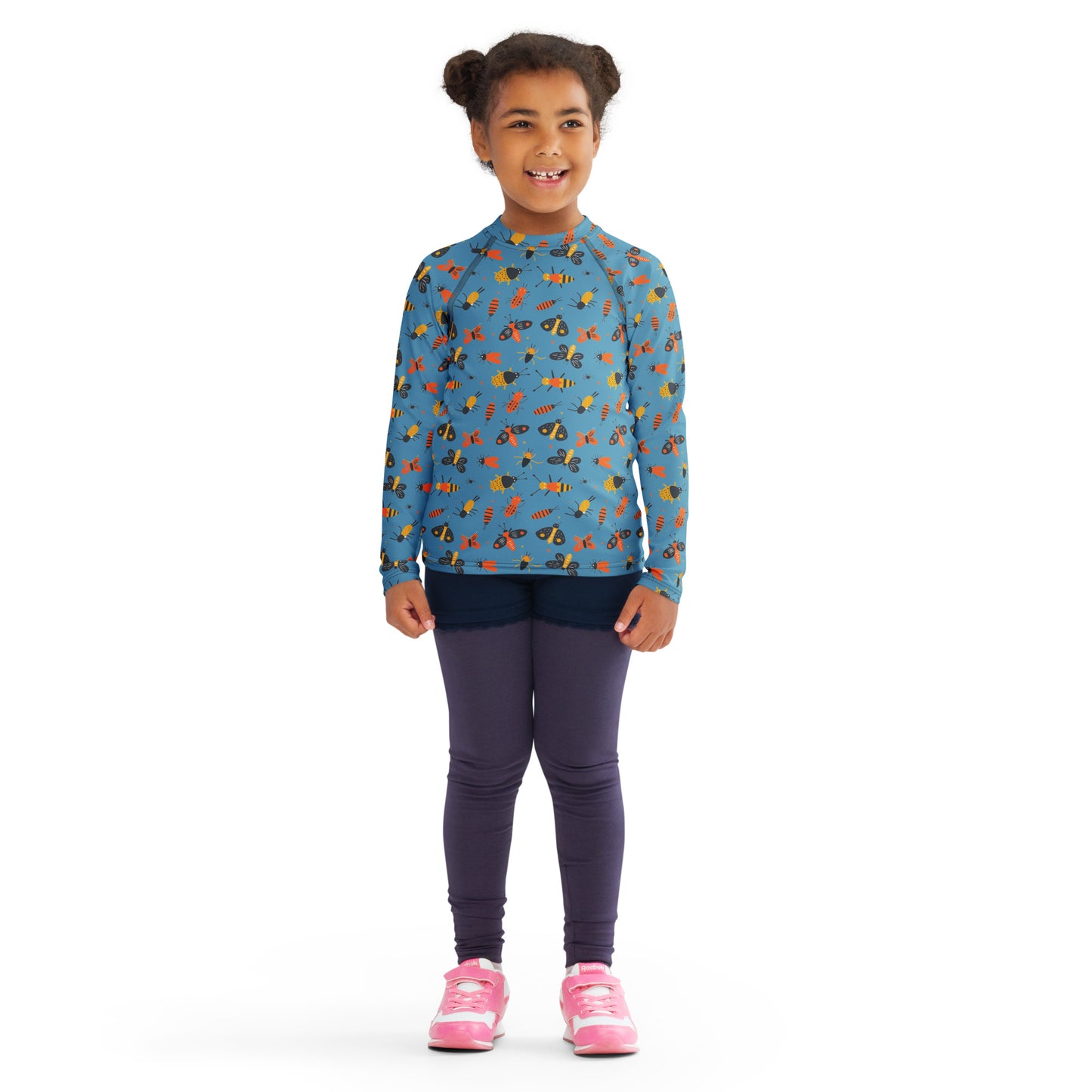 A kids’ rash guard featuring colorful bug prints, offering UPF 50+ protection and moisture-wicking properties for outdoor fun.

