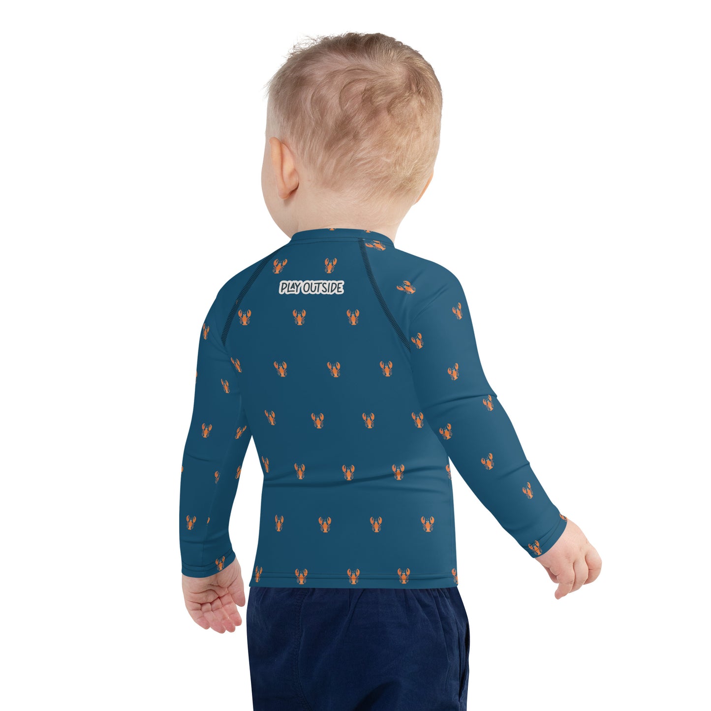 A lobster-themed rash guard for kids, made with sustainable materials for active outdoor fun and water safety.
