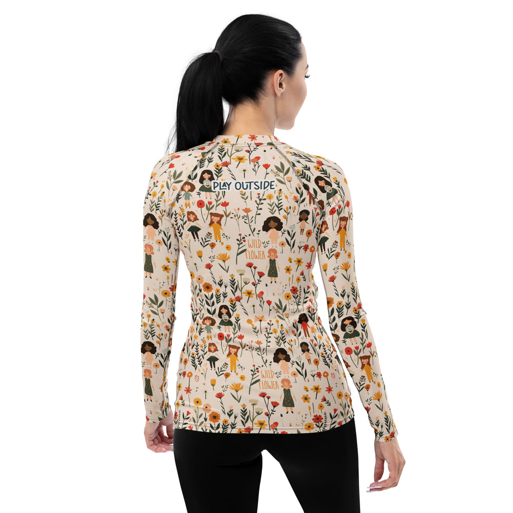 
                      
                        A floral-themed rash guard for women, made with sustainable materials and designed for hiking, swimming, or layering in cooler weather.
                      
                    