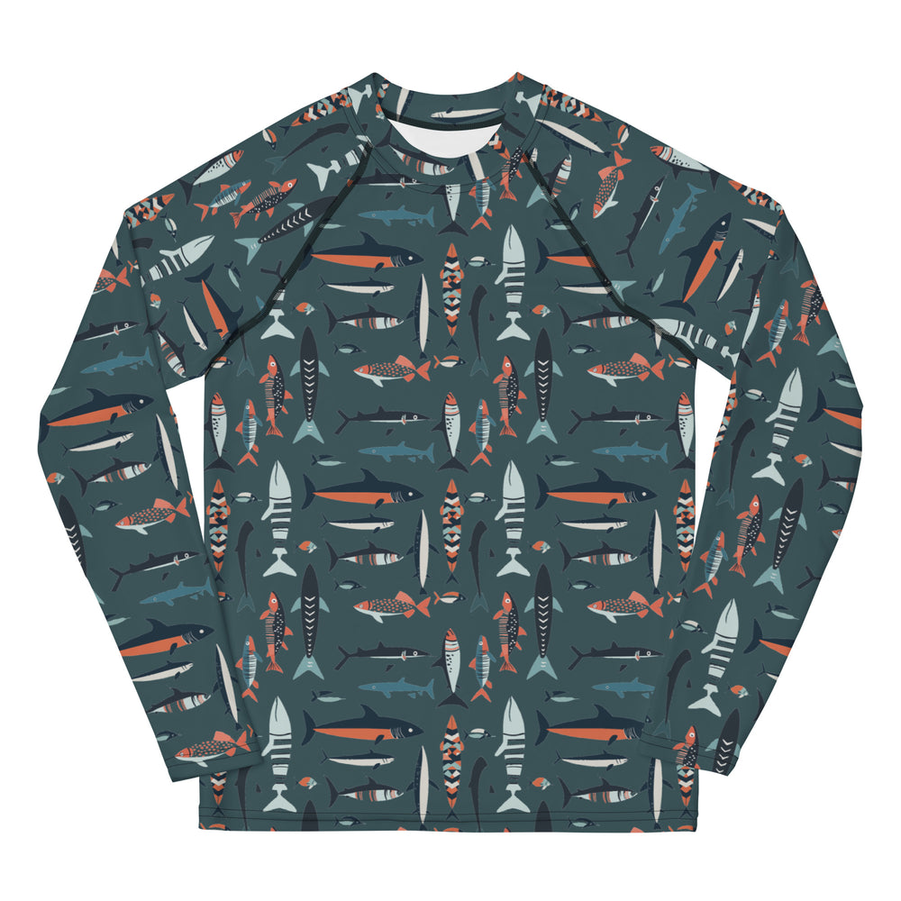 A colorful fish-print rash guard for kids, with bright aquatic designs on a sea-blue background, shown from the front.