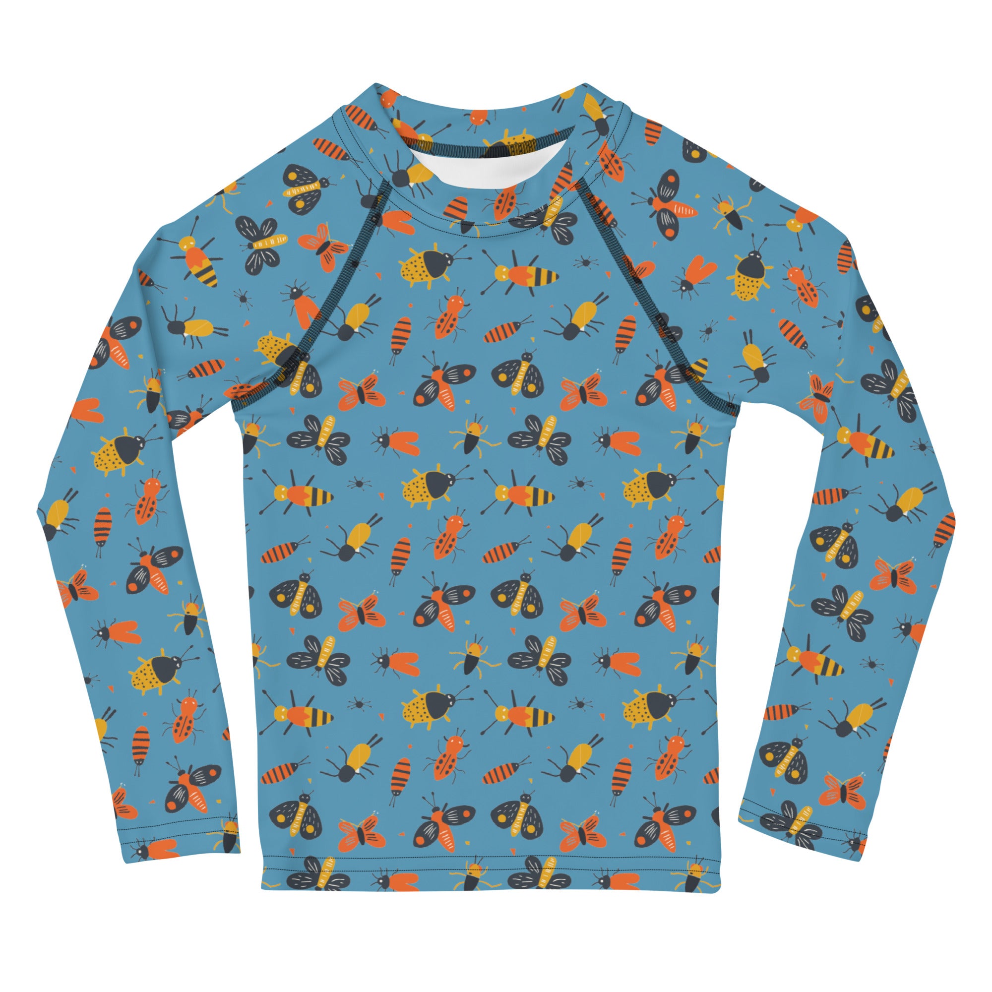 A playful bugs-themed rash guard for kids, designed for active play with sustainable, breathable fabric.