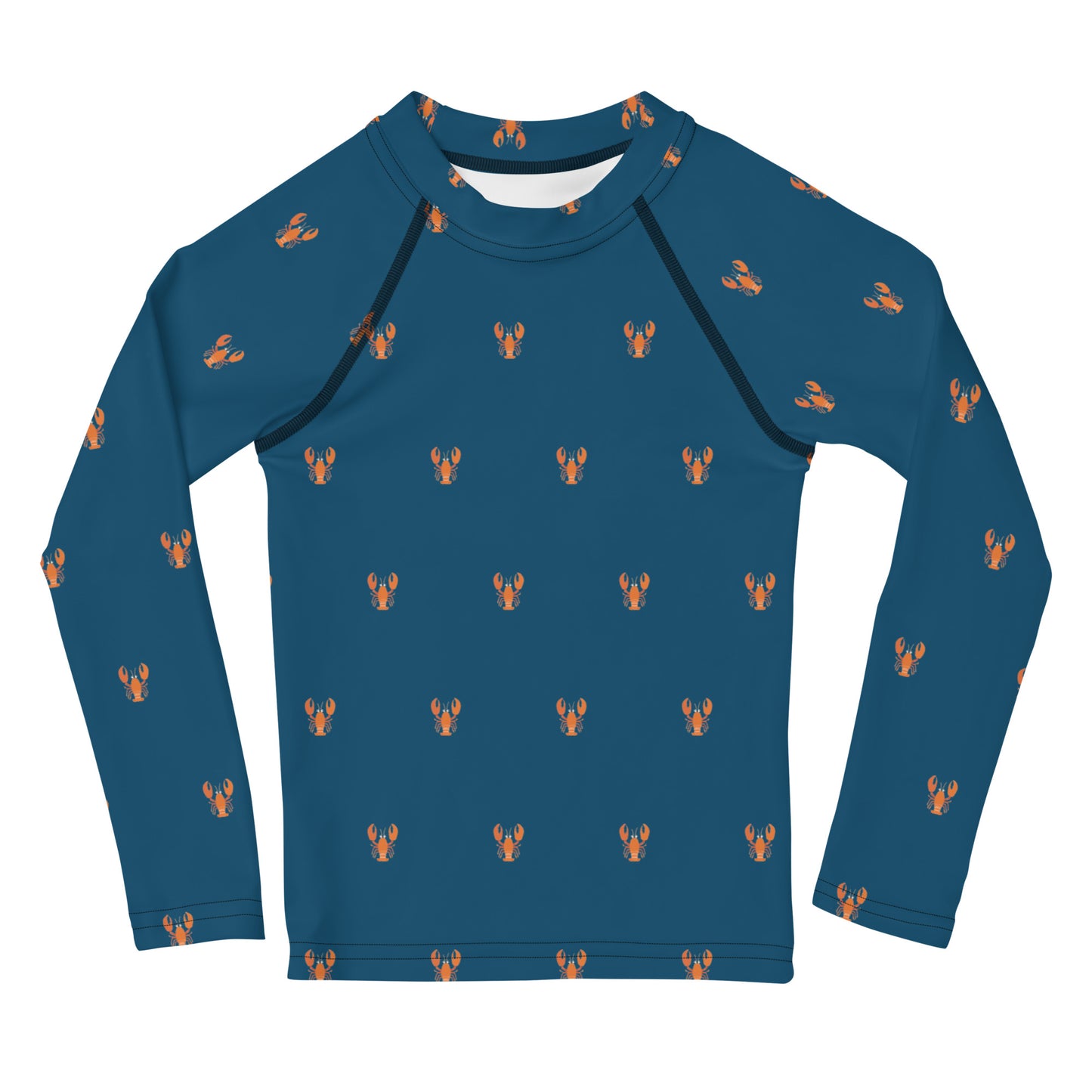 A kids’ rash guard featuring vibrant red lobsters on a navy background, offering sun protection and quick-drying fabric for beach play.