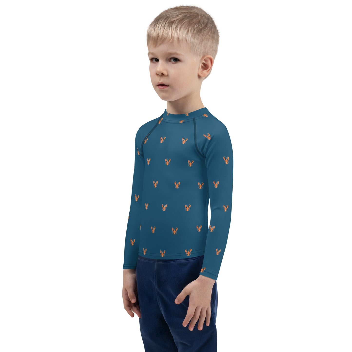 A kids lobster rash guard with bold patterns, ideal for swimming or exploring the shoreline with breathable, sun-safe fabric.