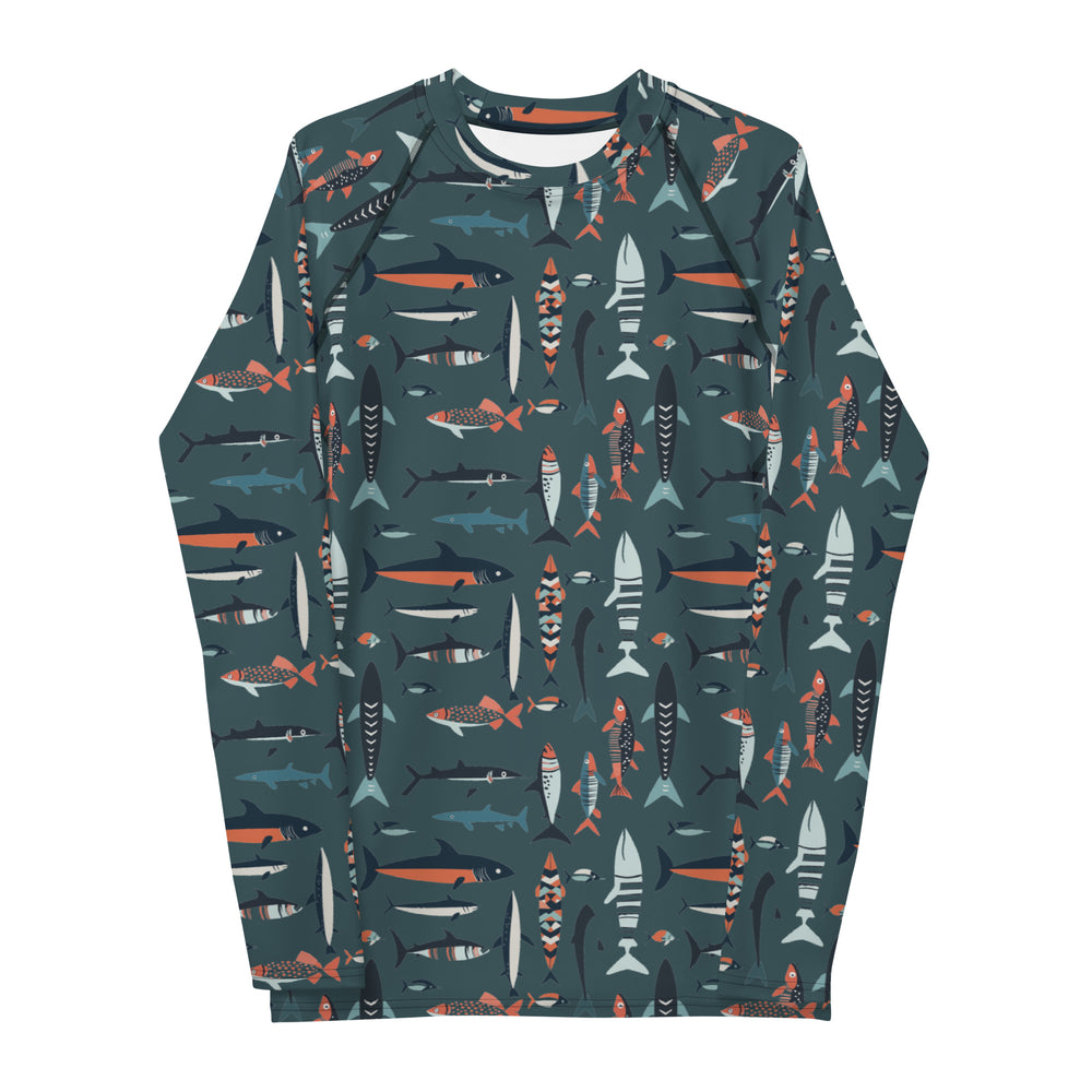 A colorful fish-print rash guard for kids, with bright aquatic designs on a sea-blue background, shown from the front.