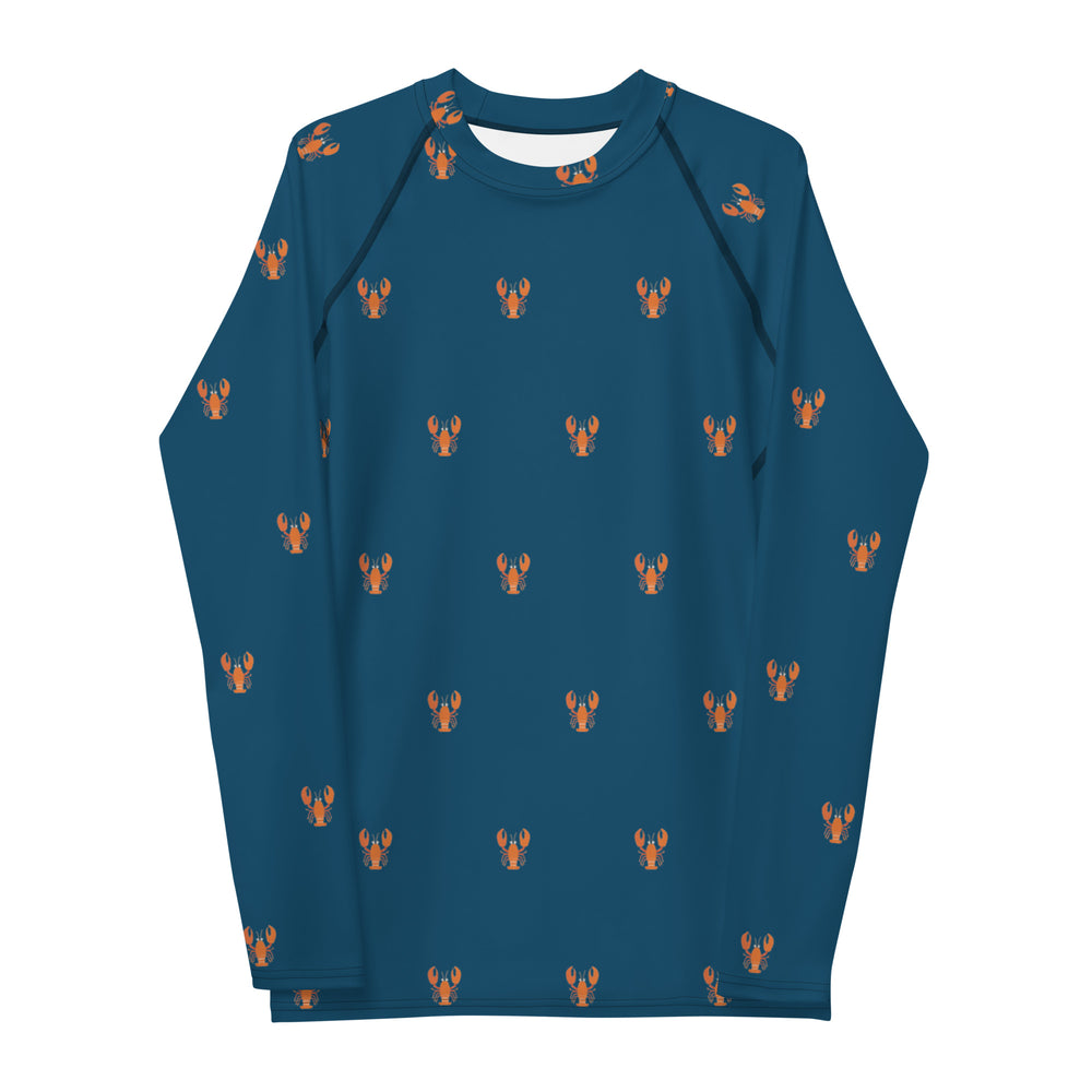 A close-up of a lobster-themed rash guard, featuring bright red lobsters on a navy background, displayed flat.