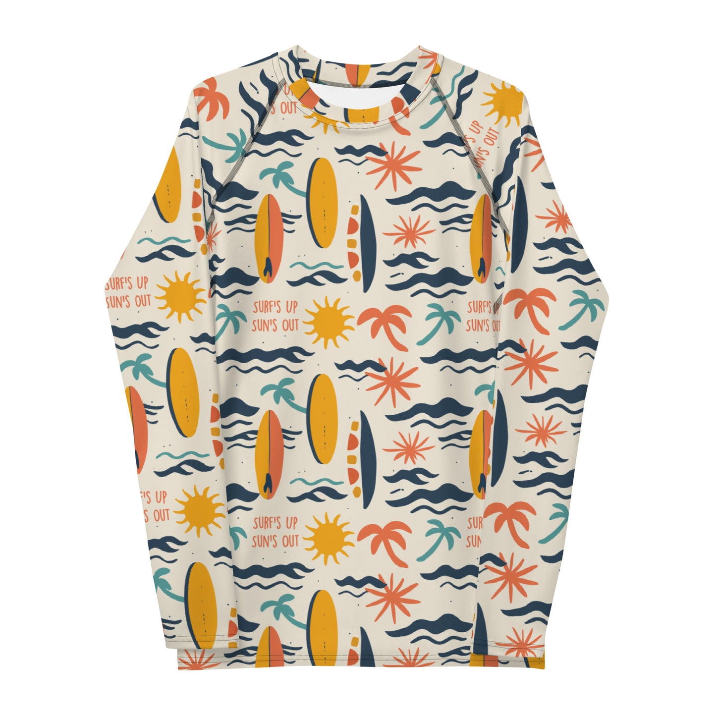 A bold rash guard with a "Surf’s Up" theme, featuring wave patterns and surfboards, shown flat from the front.
