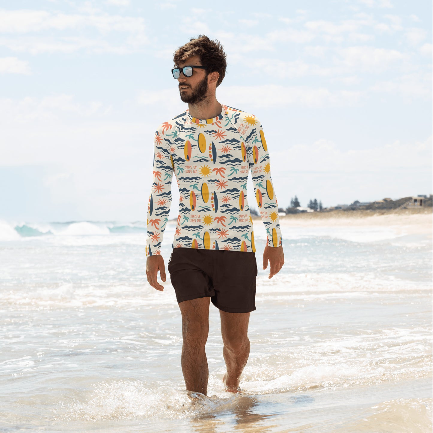 A surf-inspired men’s rash guard made from eco-friendly materials, perfect for versatile outdoor and water activities.