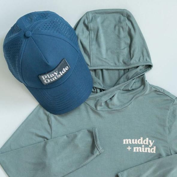 The ONE Shirt by Muddy + Mind in Teal, a versatile bamboo adventure shirt for toddlers and youth with UPF 50+ protection.