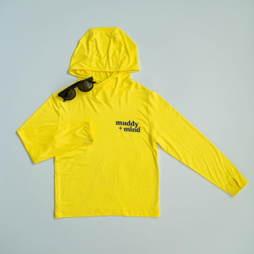 The ONE Shirt by Muddy + Mind in Safety Yellow, featuring all-season bamboo fabric with UPF 50+ protection for kids.