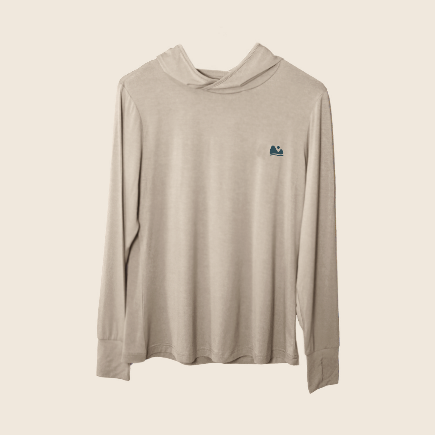Beige long-sleeve shirt with a small logo on a beige background