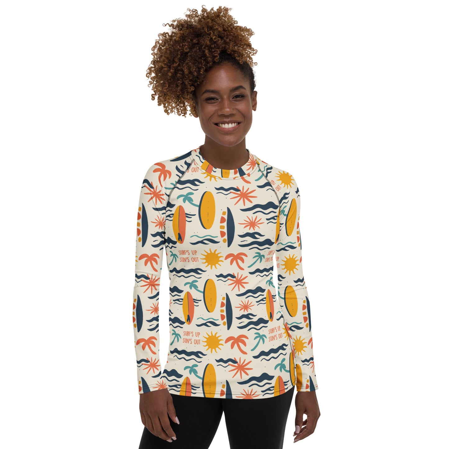 A stylish surf-themed rash guard for women with wave patterns, designed for comfort, sun safety, and adventure.