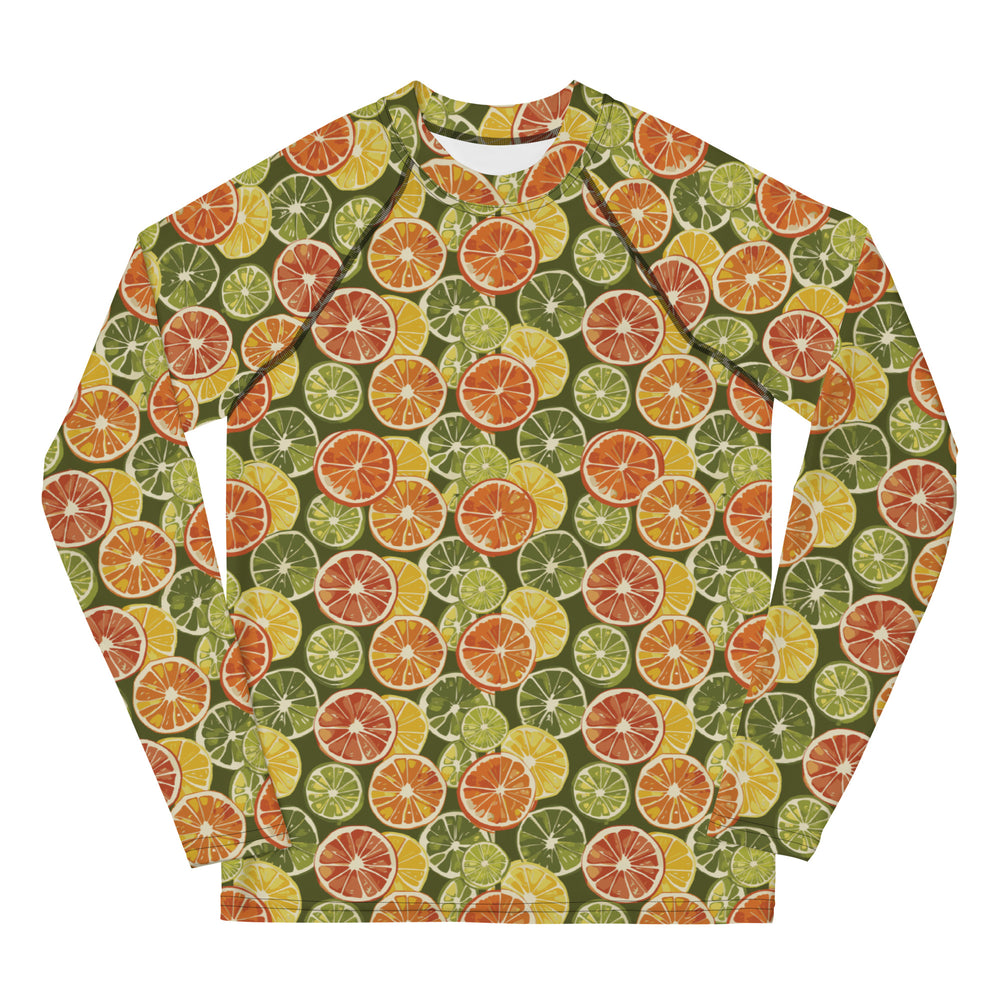 A durable citrus-patterned rash guard for youth, perfect for water sports, swimming, or protecting sensitive skin from harmful UV rays.