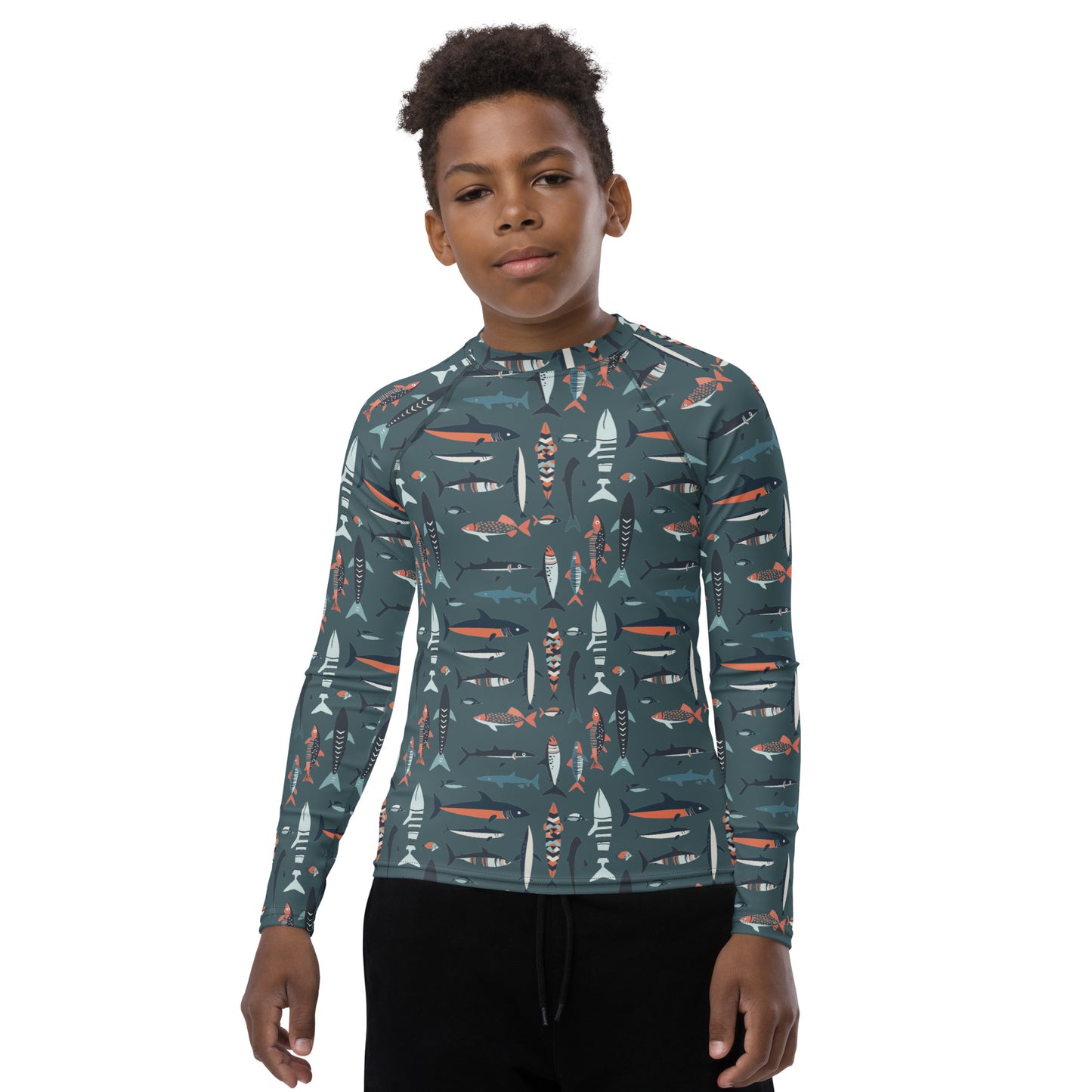 A vibrant fish-themed youth rash guard with breathable, UV-protective fabric, perfect for water sports and outdoor play.