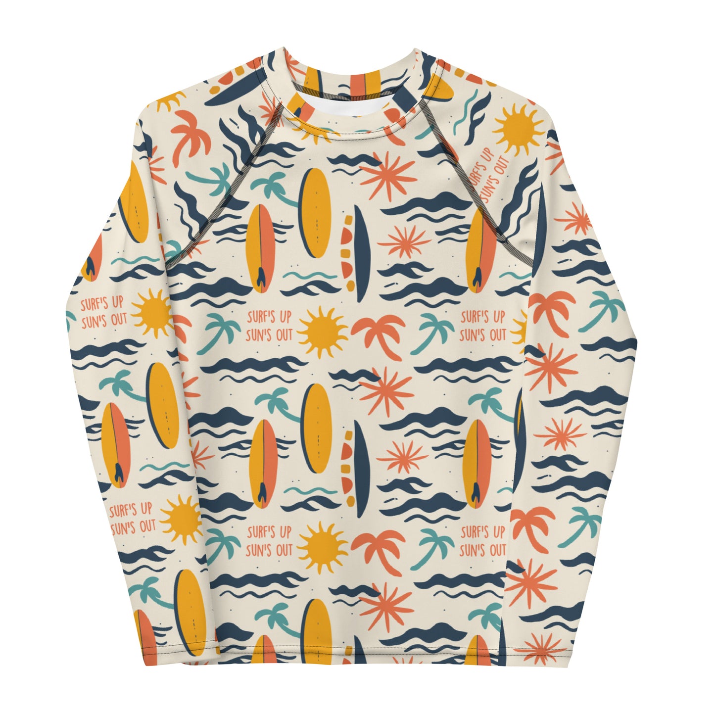 A bold rash guard with a "Surf’s Up" theme, featuring wave patterns and surfboards, shown flat from the front.