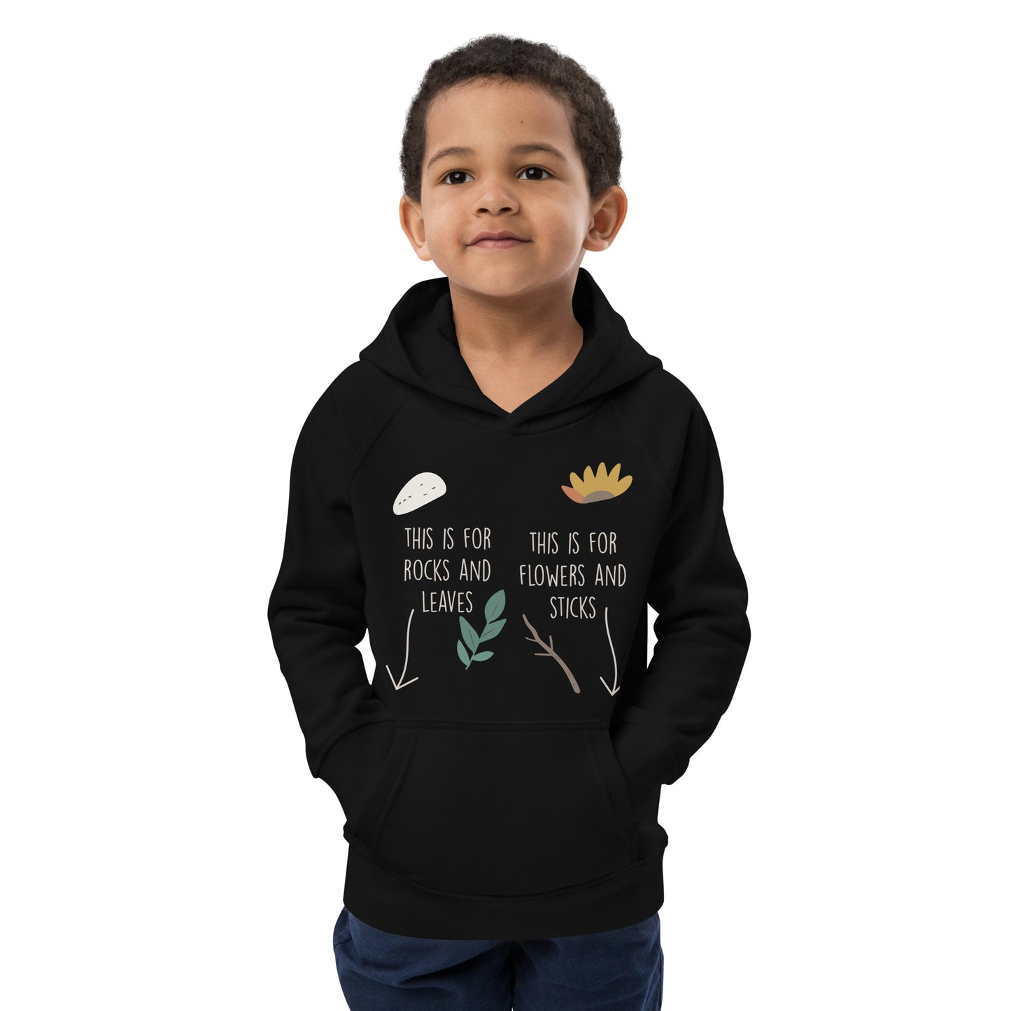 Sustainable black hoodie with playful nature design and labeled pockets for rocks leaves sticks and flowers