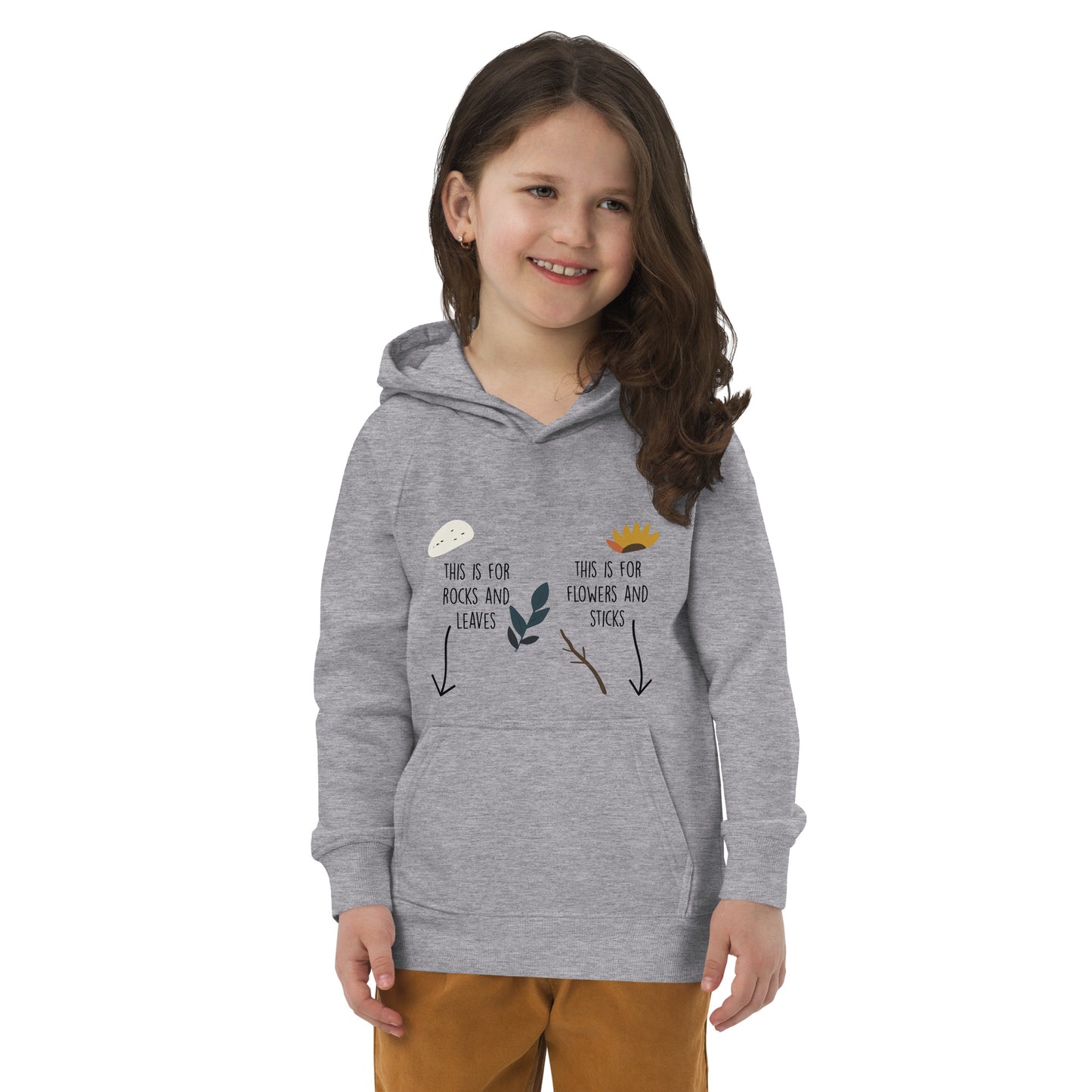 Sustainable grey hoodie with playful nature design and labeled pockets for rocks leaves sticks and flowers