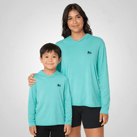 mom and kid wearing the sun safe bamboo ONE shirt in aqua